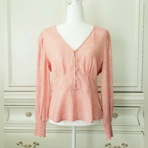 Loft Salmon Dotted  Fitted Waist Peplum V Neck Long Sleeve Rayon Blouse 6 NWT